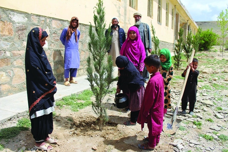 Students watering a recently planted tree, Khaki Jabar, Afghanistan.