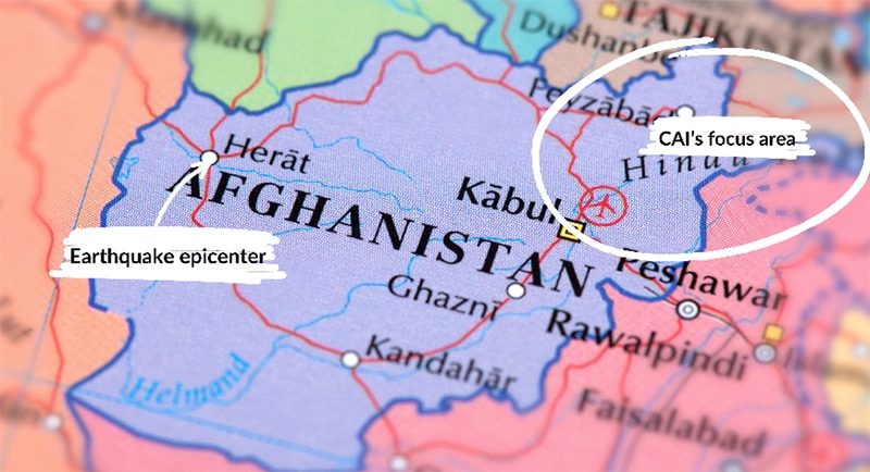 Map of Afghanistan showing the epicenter of earthquake