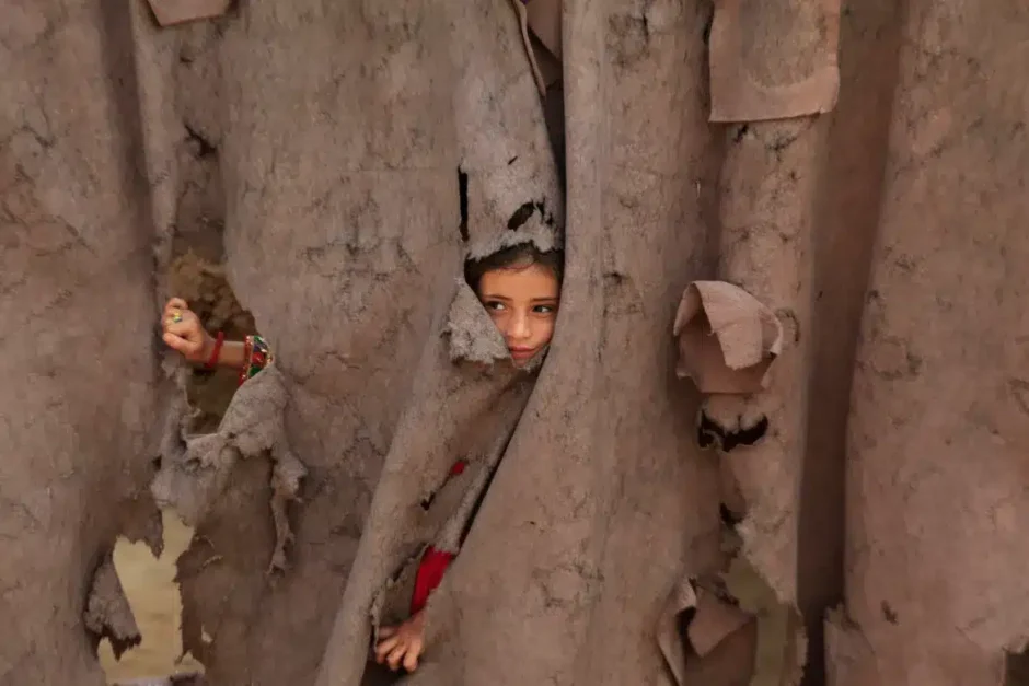 Forced Afghan deportations: Afghan girl peers through torn curtain.
