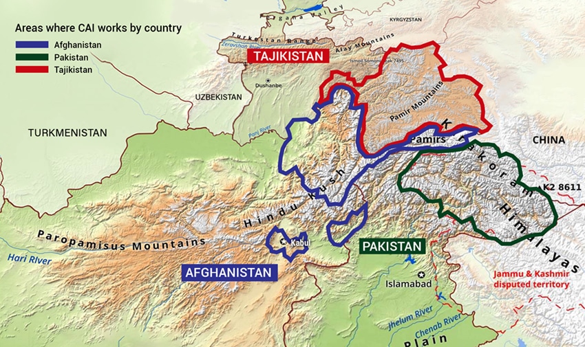 Map of the areas where CAI works in Central Asia